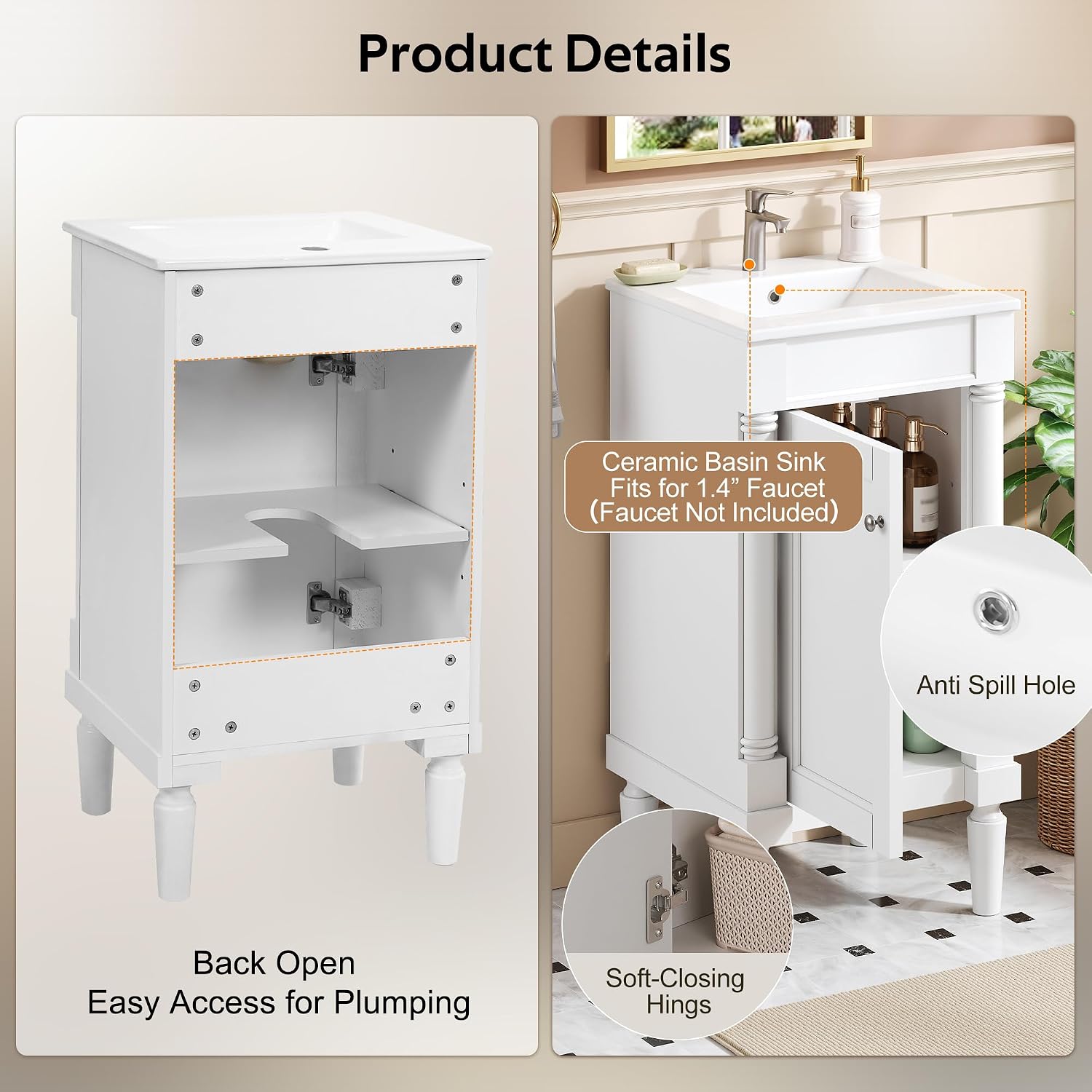 VilroCaz Modern 18'' Bathroom Vanity with Top Sink, Freestanding Bathroom Storage Cabinet with Door and Adjustable Shelf, Single Sink Cabinet with Nordic Style Legs (White-Right-Open)