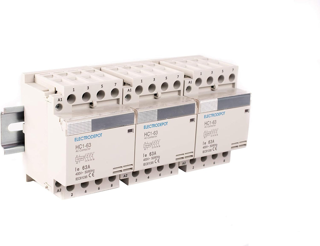 Electrodepot 40 Amp 12 Pole (4 Pole x 3) Normally Open, 110-120VAC Coil (Silent Operation), Motor Load 40A and Lighting Load 63A Contactor, with 8' DIN Rail and 2 Number 10 Screws