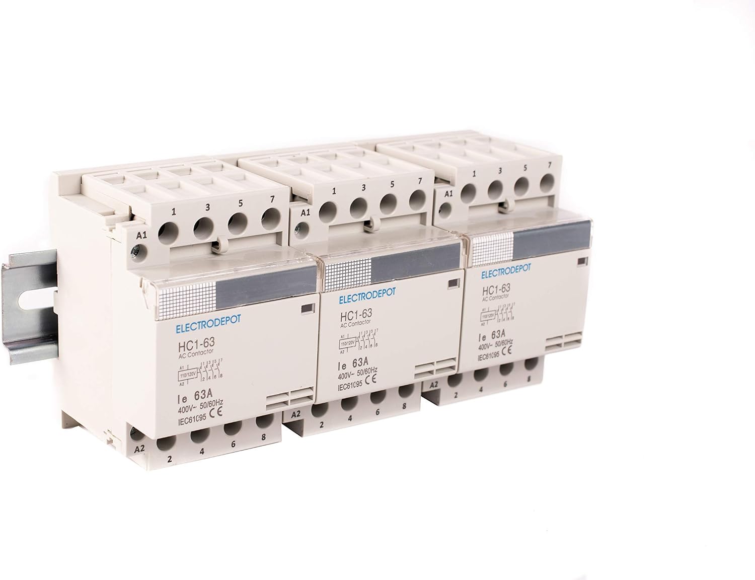 Electrodepot 40 Amp 12 Pole (4 Pole x 3) Normally Open, 110-120VAC Coil (Silent Operation), Motor Load 40A and Lighting Load 63A Contactor, with 8' DIN Rail and 2 Number 10 Screws