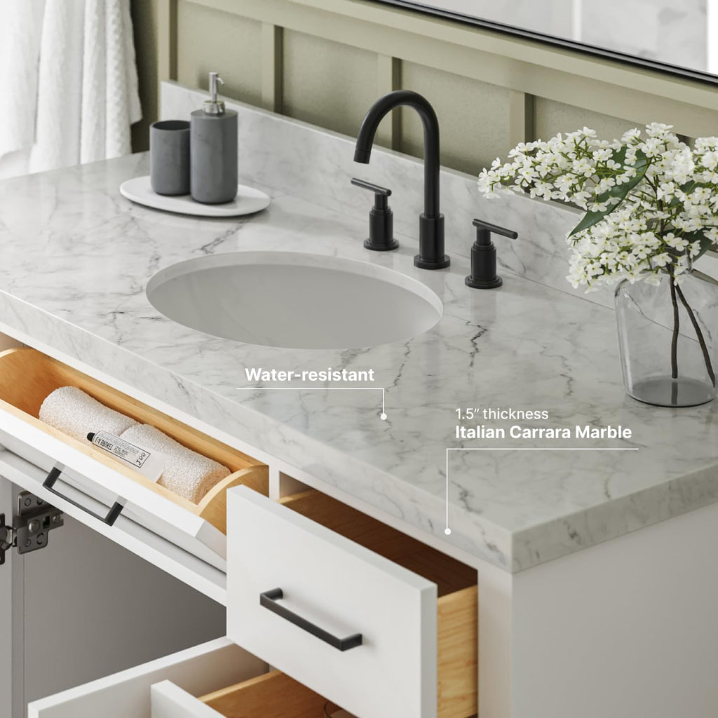 ARIEL Hepburn 54-inch Bathroom Vanity with Sink,Solid Wood, 1.5-inch Italian Carrara Marble Countertop & Backsplash, Single Oval Porcelain Sink, 2 Soft Closing Doors, 9 Dovetail Drawers, White