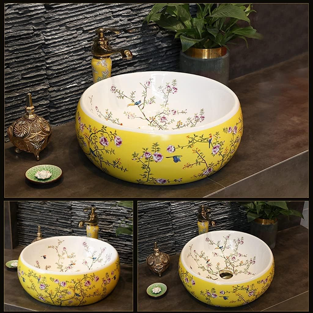 Bathroom Bar Vanity Vessel Sinks Above Counter Vanity Sink Tops Chinese Ceramic Lowes Bathroom Vanities Individual Flower and Bird Art Basin,42 * 15Cm,Yellowset,42 * 15cm