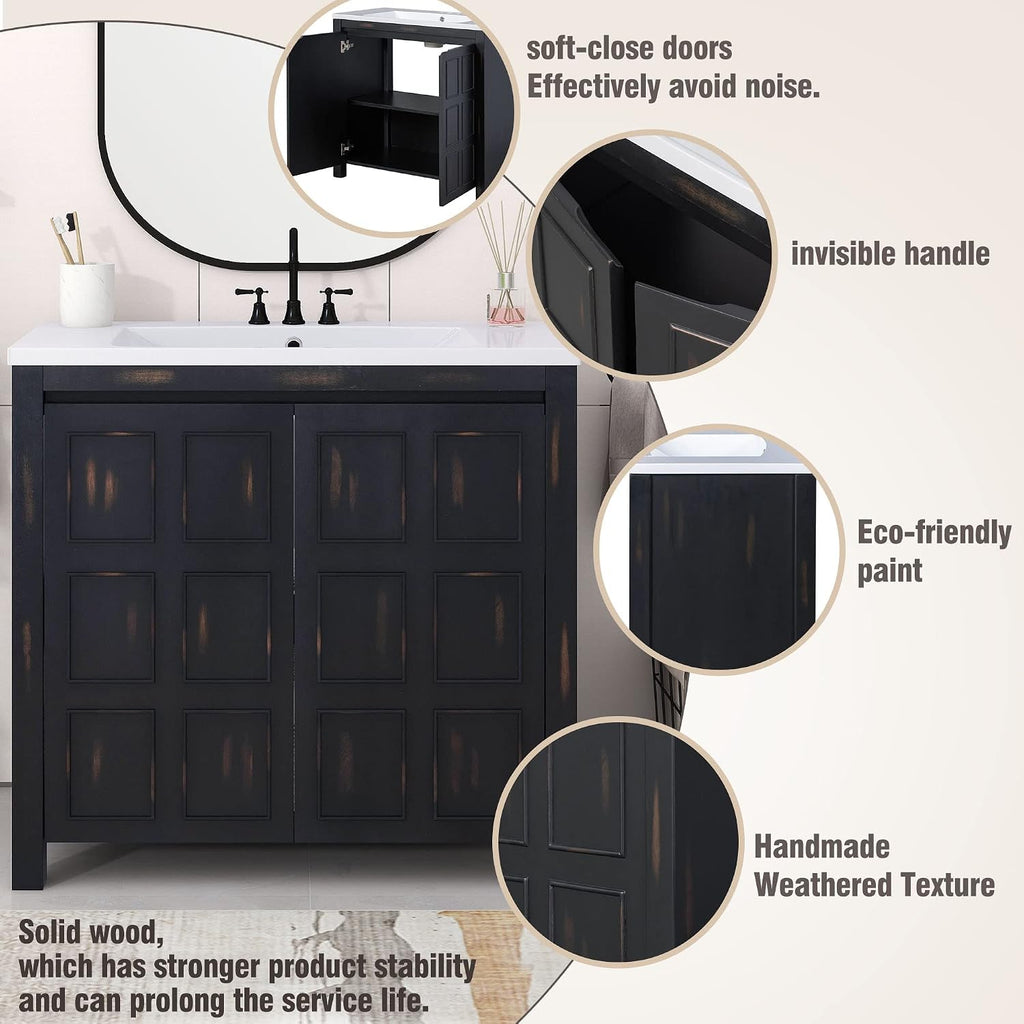P PURLOVE 36' Bathroom Vanity with Sink Top Combo Set, Modern Single Bathroom Cabinet with Adjustable Shelf and Soft Closing Doors,Wood Frame