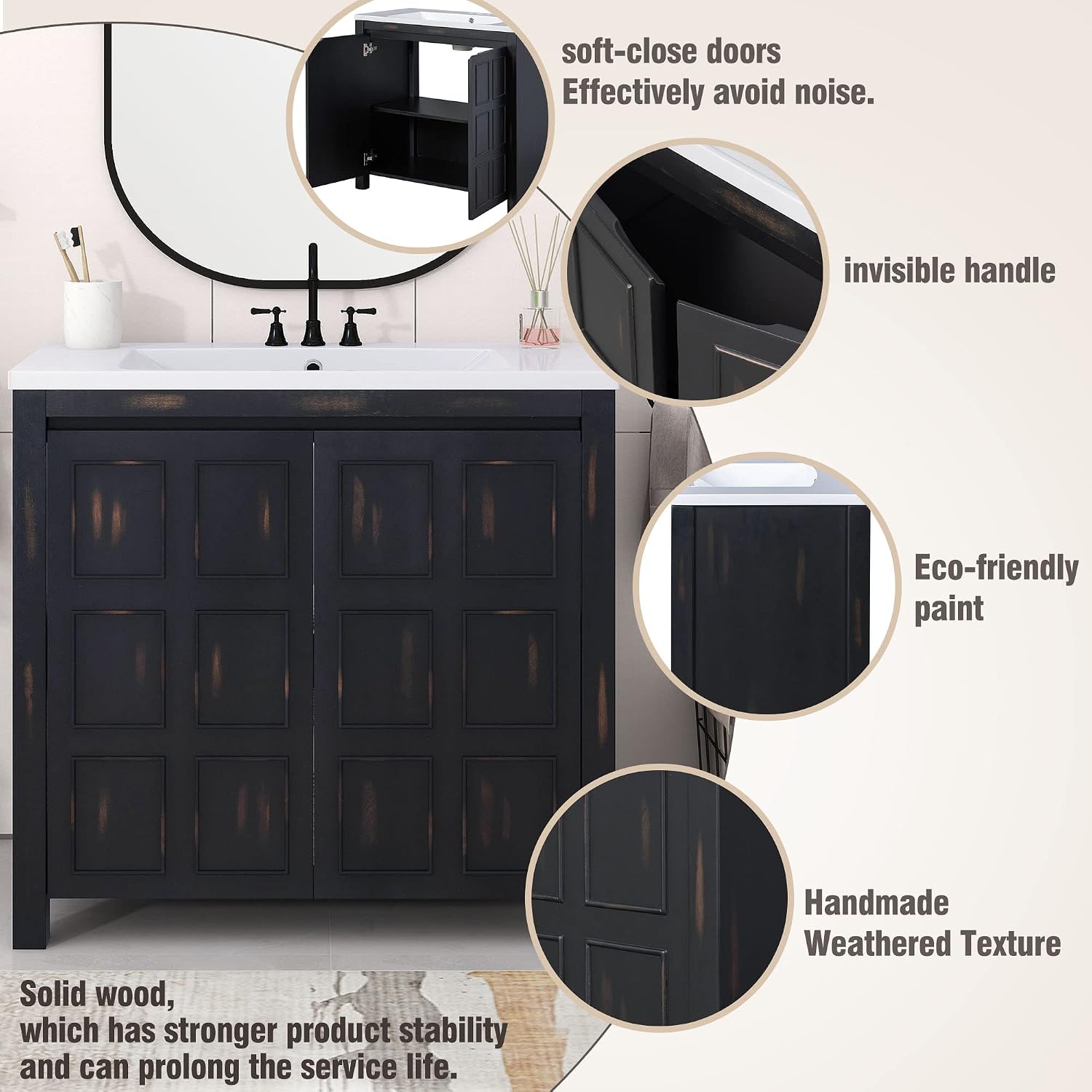 P PURLOVE 36' Bathroom Vanity with Sink Top Combo Set, Modern Single Bathroom Cabinet with Adjustable Shelf and Soft Closing Doors,Wood Frame