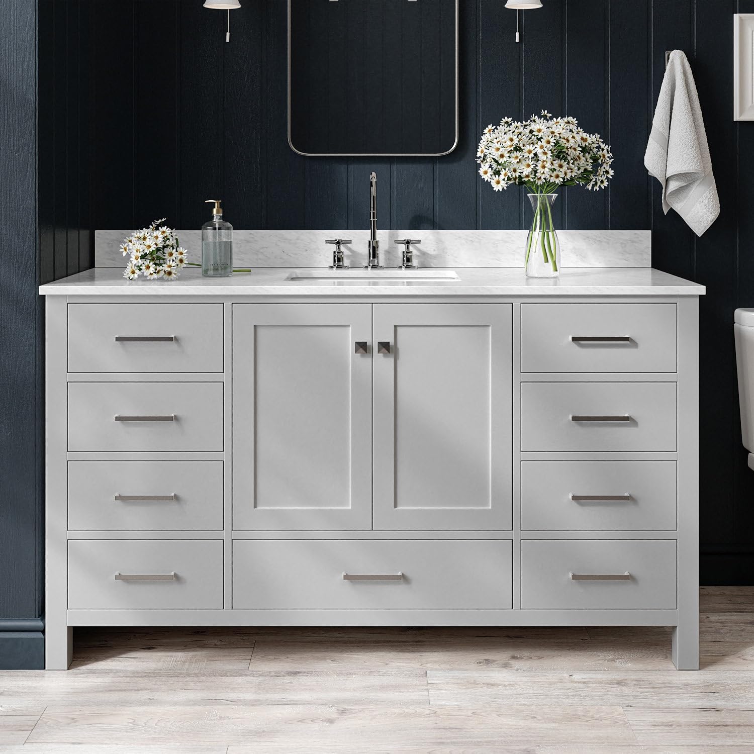 ARIEL Cambridge 60-inch Bathroom Vanity with Sink,Solid Wood, 0.75-inch Italian Carrara Marble Countertop, Single Rectangular Porcelain Sink, 2 Soft Closing Doors, 9 Dovetail Drawers, Grey
