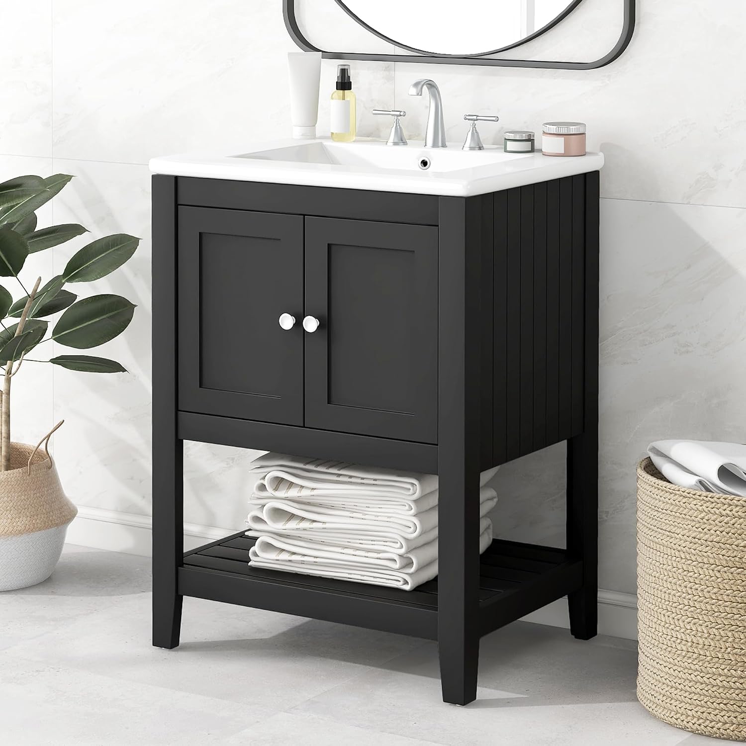 Merax 24' Bathroom Vanity with Sink,Small Bathroom Sink Cabinet with Ceramic Basin,Single Bathroom Vanities Cabinet with 2 Doors and 1 Open Shelf,Solid Wood Frame,Black
