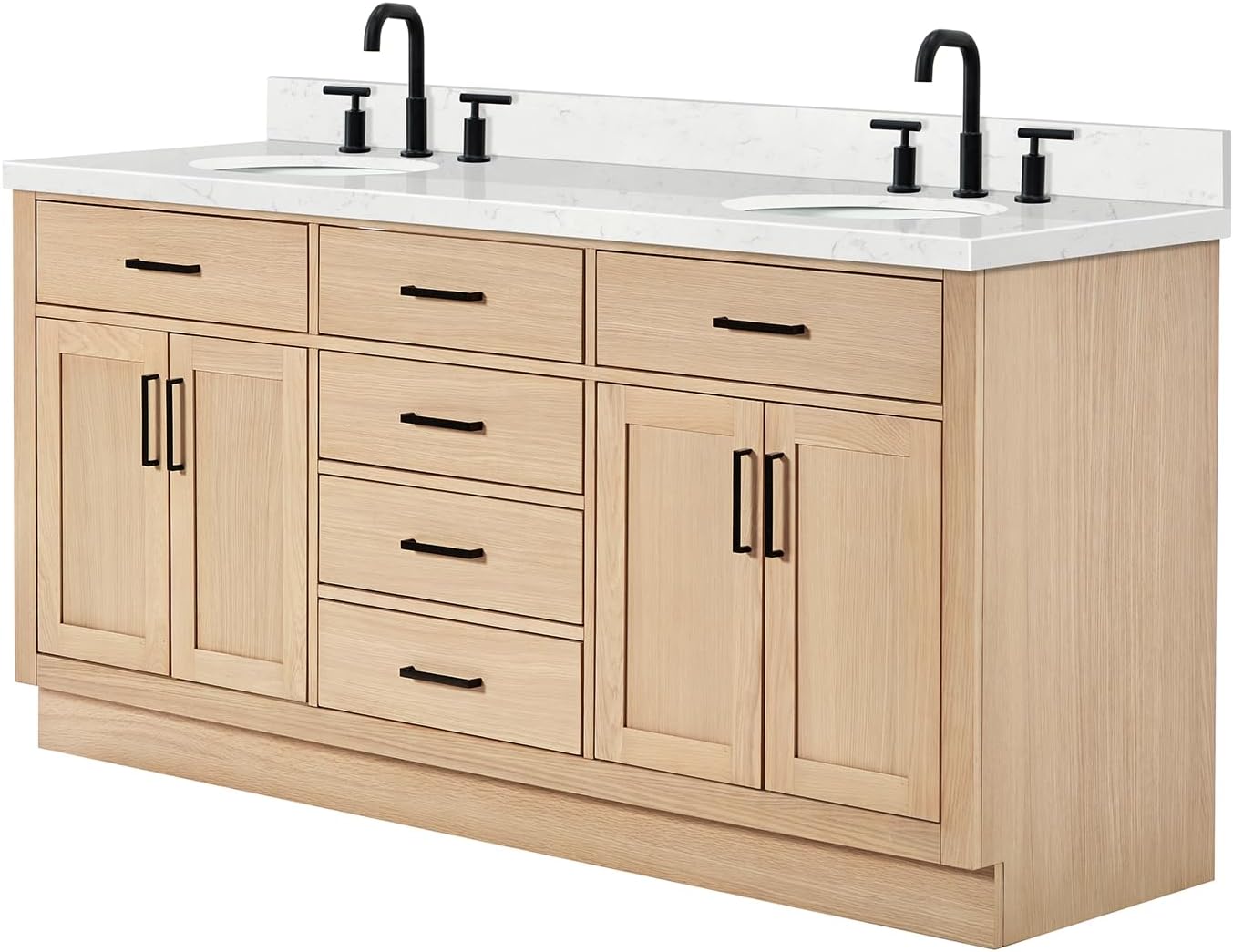 ARIEL Hepburn 72-inch Bathroom Vanity with Sink,Solid Wood, 1.5-inch Carrara White Quartz Countertop & Backsplash, Double Oval Porcelain Sink, 4 Soft Closing Doors, 6 Dovetail Drawers, White Oak