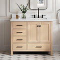 DKB Beckford 42-Inch Oak Bathroom Vanity with Sink, Pure White Quartz Countertop & 4' Backsplash, Porcelain Sink, Soft Closing Door & Drawer, Matte Black Hardware