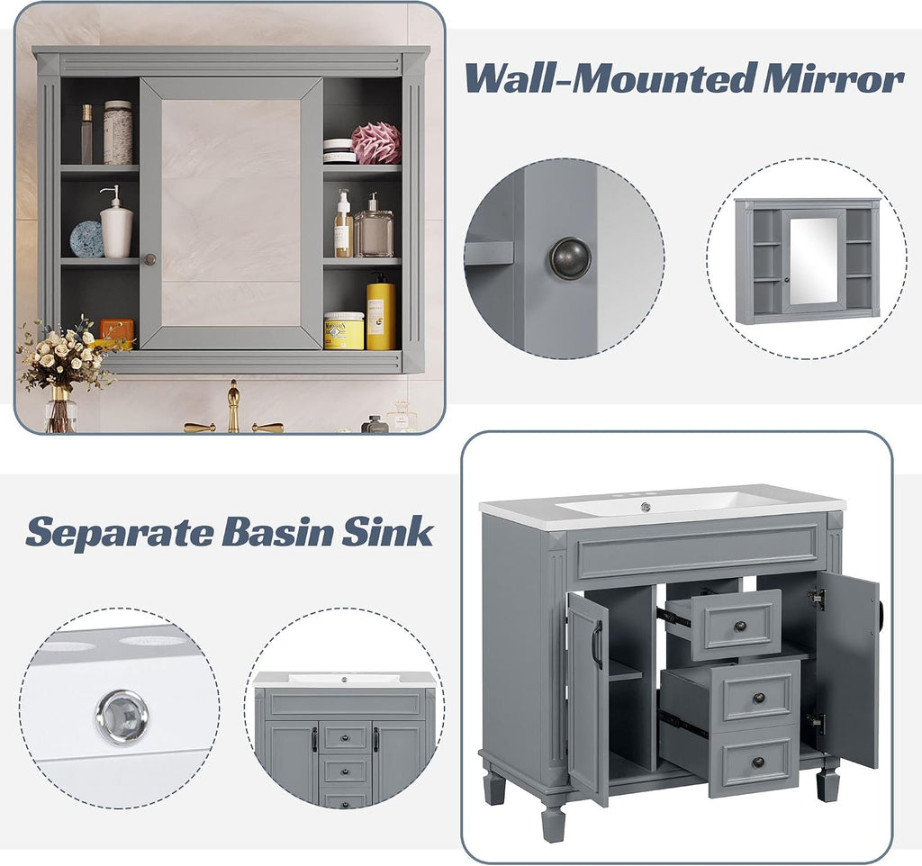Merax 36' Bathroom Vanities with Matching Medicine Cabinet & Single Sink, Modern Undermount Bathroom Sink Cabinet with 3 Closing Doors & 2 Full Extension Dovetail Drawers