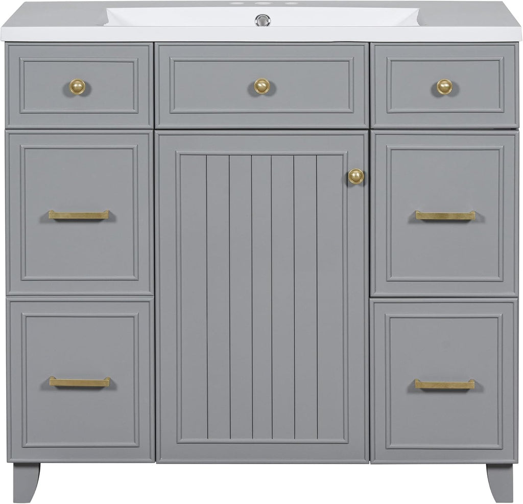 LUMISOL 36' Bathroom Vanity with Sink Top, Modern Bathroom Storage Cabinet with 3 Drawers & 2 Doors, Grey Bathroom Vanity with Undermount Sink, Solid Wood Frame