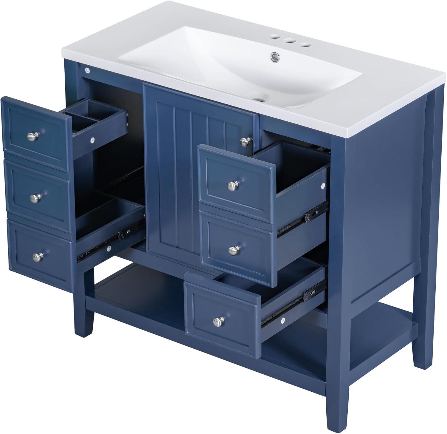 LUMISOL 36' Bathroom Vanity with Sink Combo, Bathroom Vanity Storage Cabinet with 3 Drawers & Open Shelf, Solid Wood Frame Bathroom Cabinet with Ceramic Sink, Navy Blue
