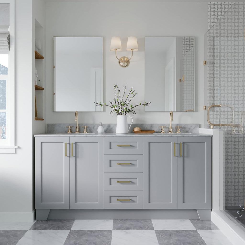 ARIEL 73' Grey Double Bathroom Vanity Italian Carrara Marble Countertop & Splash, Rectangular Sink, 4 Soft Closing Doors, 6 Full Extension Dovetail Drawers, Satin Brass