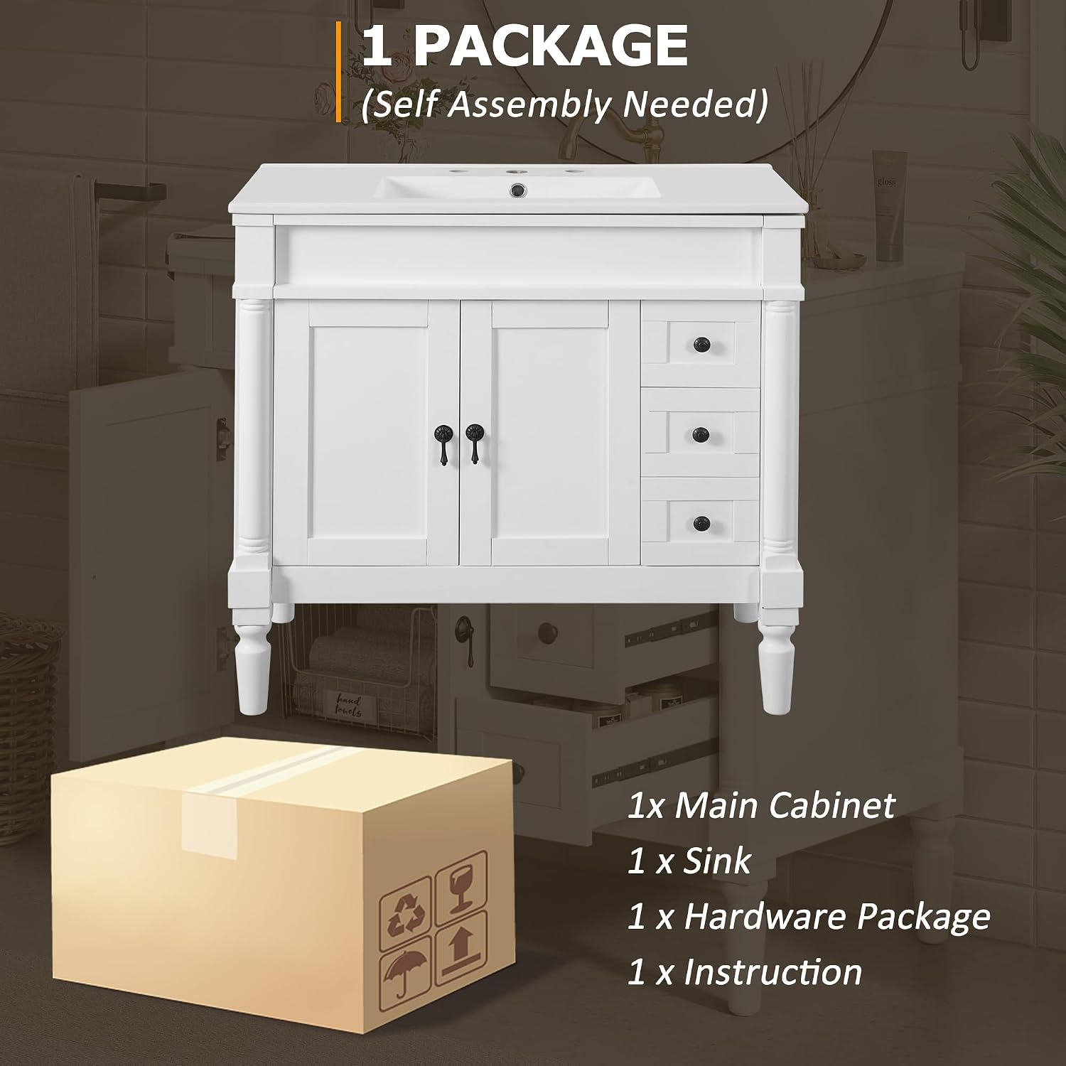 Favfurish 36' Bathroom Vanity with Ceramic Sink,Freestanding Bath Cabinet w/Soft Closing Doors,Adjustable Shelves,Modern Storage Vanity Cabinet for Smaill and Medium Bathrooms,White