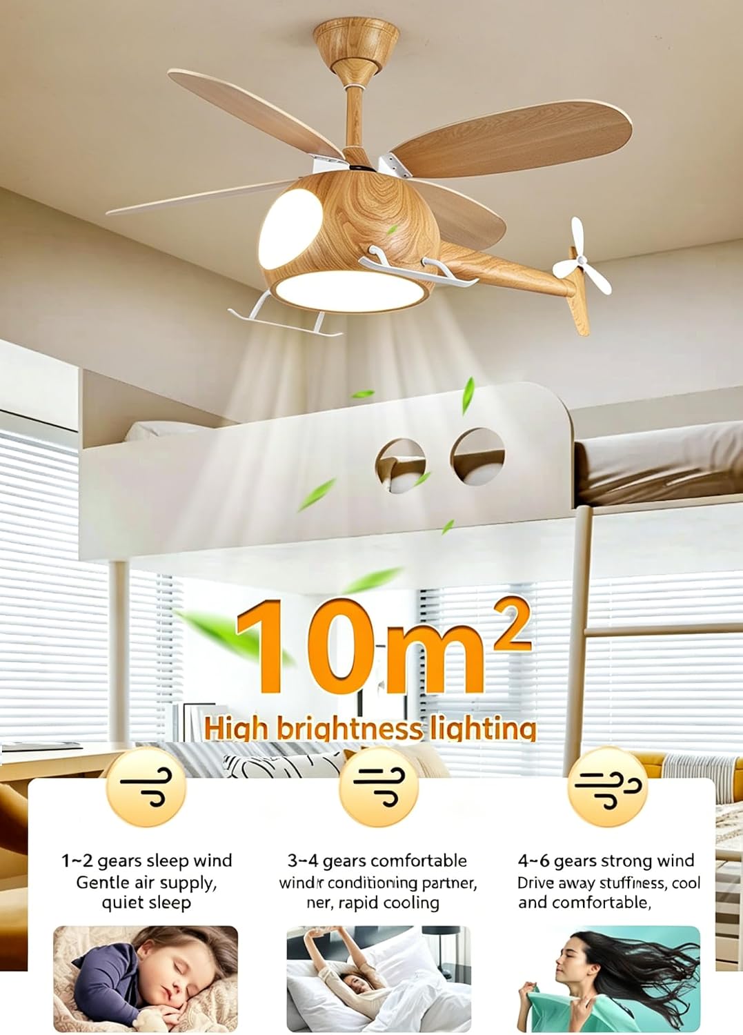 Children's Bedroom Ceiling Fan With Lights,Dimmable Kids Room Cartoon Ceiling Fan Lamp,Helicopter Model Wood Grain Airplane Pendant Light Decoration Fixtures,Remote Control Speed,Hydrographic Printing