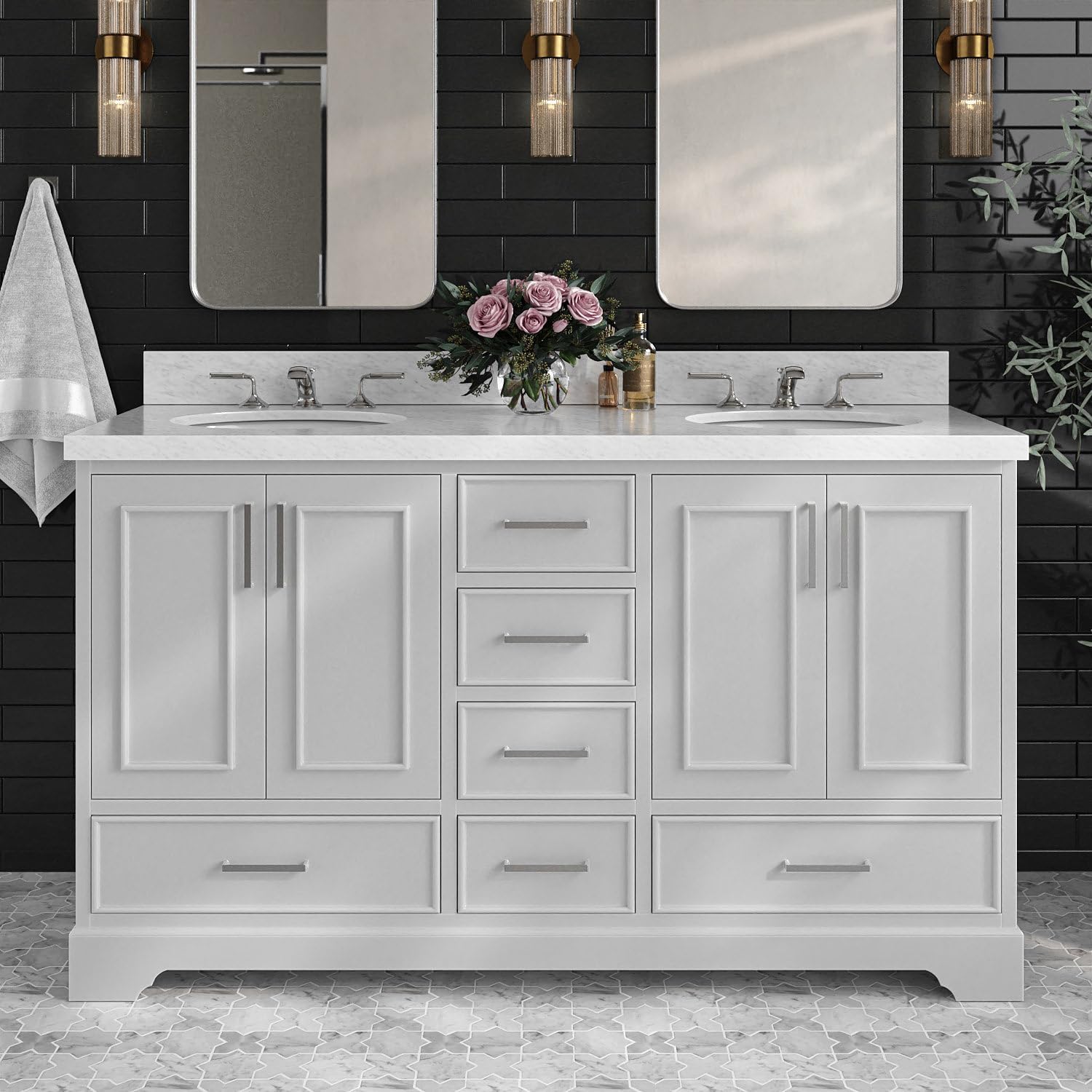 ARIEL Stafford 60-inch Bathroom Vanity with Sink,Solid Wood, 1.5-inch Italian Carrara Marble Countertop & Backsplash, Double Oval Porcelain Sink, 4 Soft Closing Doors, 6 Dovetail Drawers, Grey