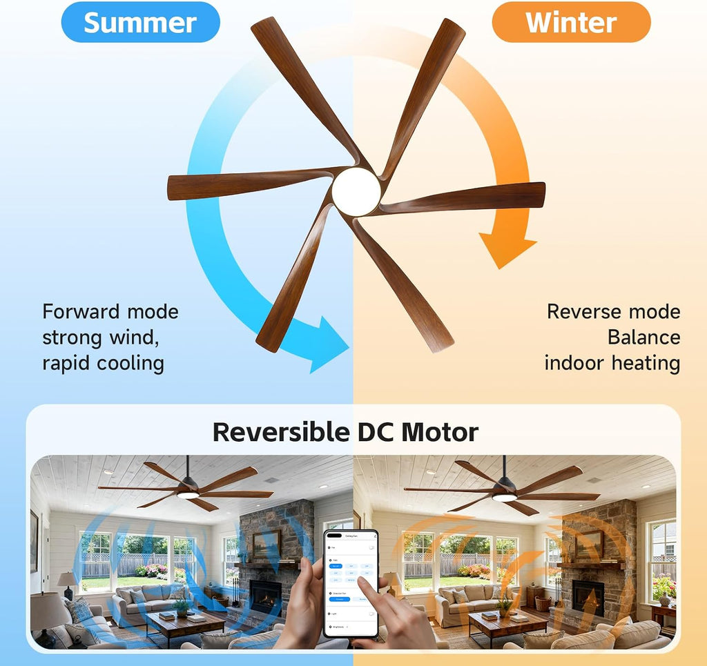 72 Inch Smart Ceiling Fan with Light and Remote via WiFi Alexa, Large Outdoor Ceiling Fans for Patios Damp Rated, Farmhouse Wood Propeller Ceiling Fan for Exterior Outside, High Velocity DC Motor