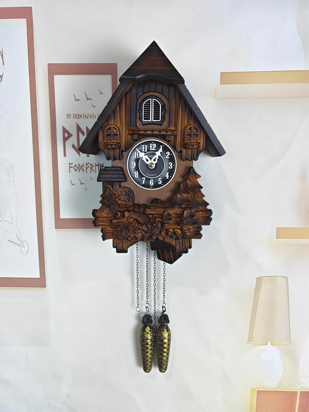 Cuckoo Clock with Night Mode, Hand Carved Decorations and Swinging Pendulum
