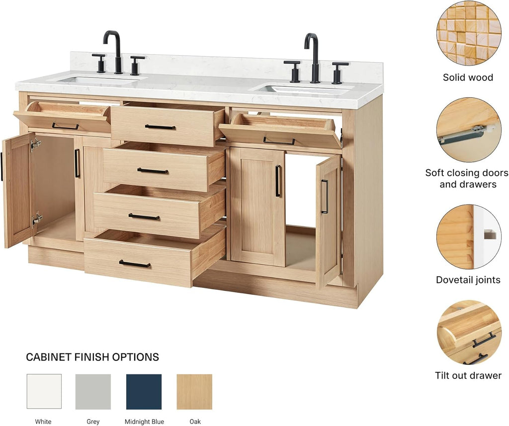 ARIEL Hepburn 66-inch Bathroom Vanity with Sink,Solid Wood, 1.5-inch Carrara White Quartz Countertop, Double Rectangular Porcelain Sink, 4 Soft Closing Doors, 6 Dovetail Drawers, White Oak