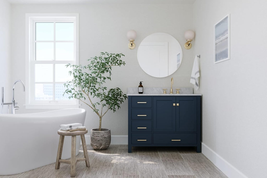 ARIEL Cambridge 43 in. Right Offset Rectangle Single Sink Vanity with Carrara White Marble Countertop in Midnight Blue