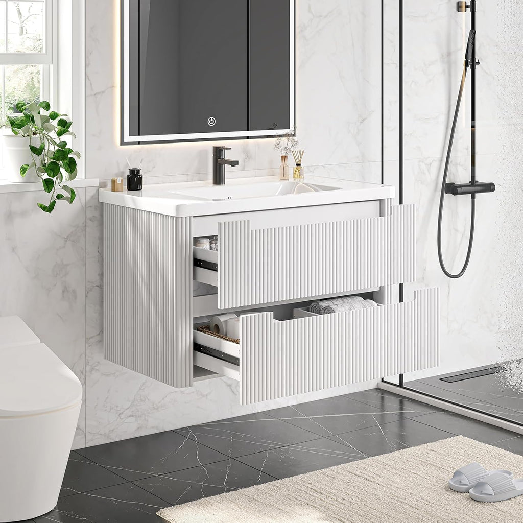 ONBRILL Modern Bathroom Vanity with Sink Combo, Curved Floating Bath Vanity with 2 Drawers, Wall Mount Bathroom Vanities with Integrated Ceramic Sink for Small Space, Apartment (White, 36')