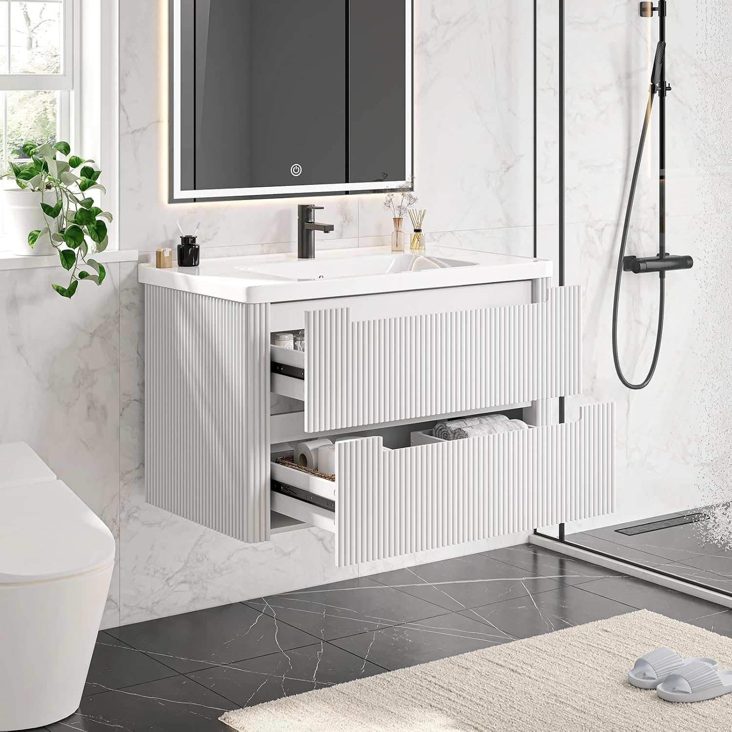 ONBRILL Modern Bathroom Vanity with Sink Combo, Curved Floating Bath Vanity with 2 Drawers, Wall Mount Bathroom Vanities with Integrated Ceramic Sink for Small Space, Apartment (White, 36')