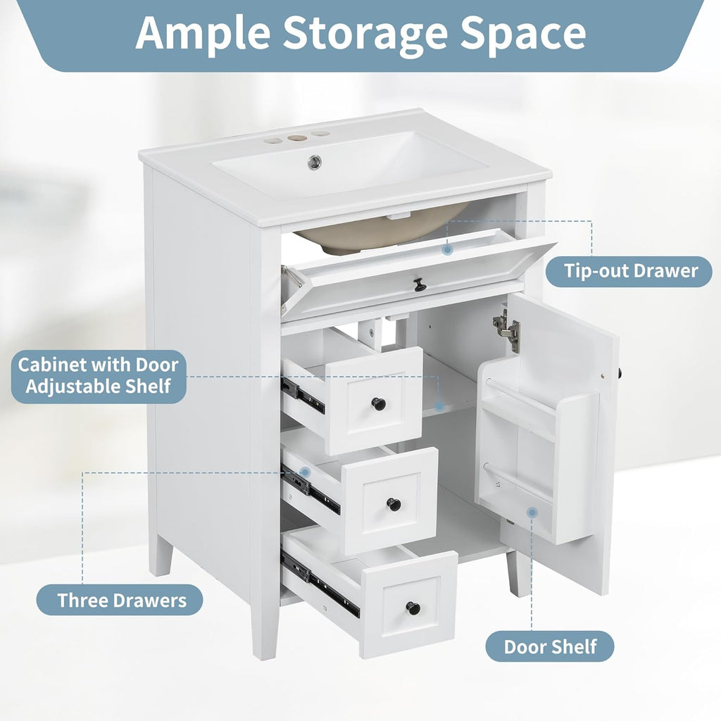 Harper & Bright Designs 24' Bathroom Vanity with Sink, Free Standing Vanity Set with 4 Drawers, Storage Racks, and Adjustable Shelf, Wood Bathroom Cabinet with Ceramic Basin for Bathroom, White