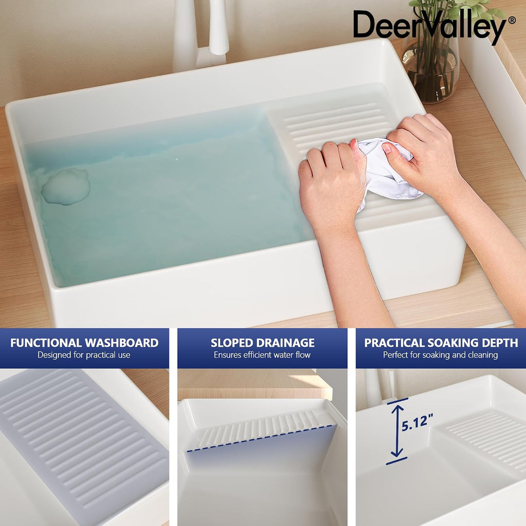DeerValley 24x15 Inch Utility Vessel Sink, White Ceramic Rectangular Basin with Built-In Washboard and Side Drain, Laundry or Bathroom Sink, DV-1V0321