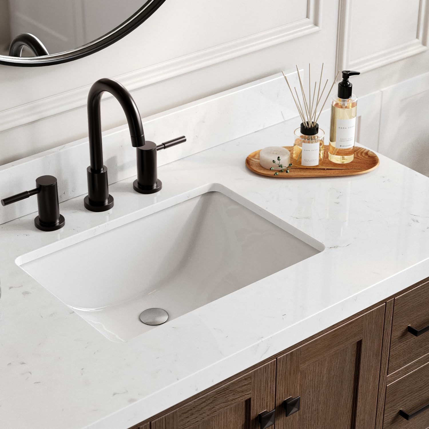 ARIEL Cambridge 42-inch Bathroom Vanity with Sink,Solid Wood, 1.5-inch Carrara White Quartz Countertop, Single Rectangular Porcelain Sink, 2 Soft Closing Doors, 9 Dovetail Drawers, Brown Oak