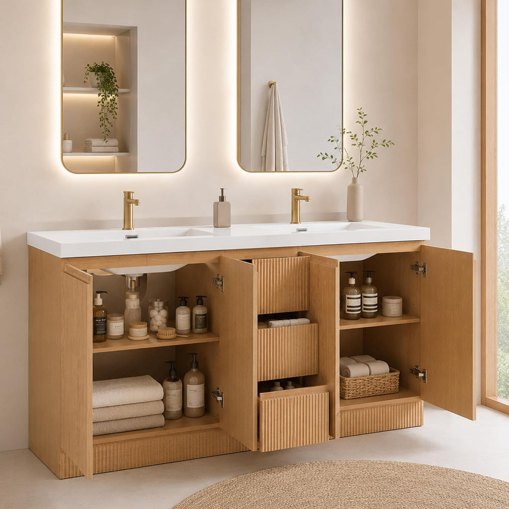 60 Inch Bathroom Vanity with Sink, Modern Fluted Freestanding Double Bathroom Vanity Cabinet with 4 Soft Closing Doors & 3 Drawers, Waterproof Lacquer Finish for Master Bathroom & Family Home