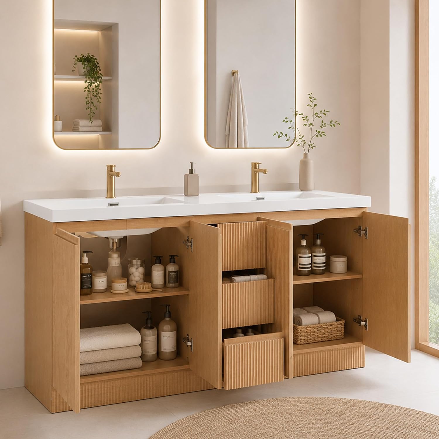 60 Inch Bathroom Vanity with Sink, Modern Fluted Freestanding Double Bathroom Vanity Cabinet with 4 Soft Closing Doors & 3 Drawers, Waterproof Lacquer Finish for Master Bathroom & Family Home