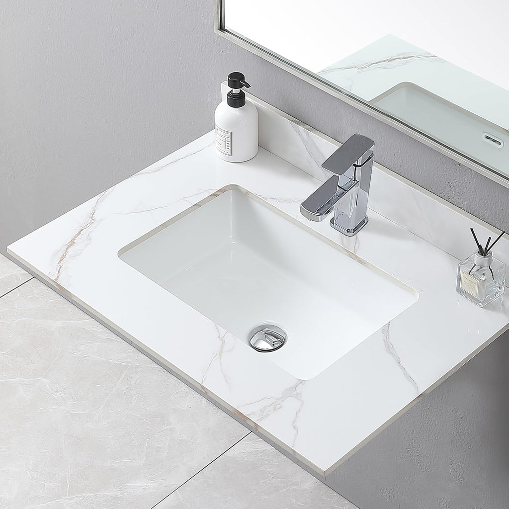 31 Inch Bathroom Vanity Top, Carrara Gold Sintered Stone Vanity Top with Rectangle Undermount Ceramic Sink and Top Backsplash, 31' Vanity Sink Top - Single Hole, No Cabinet