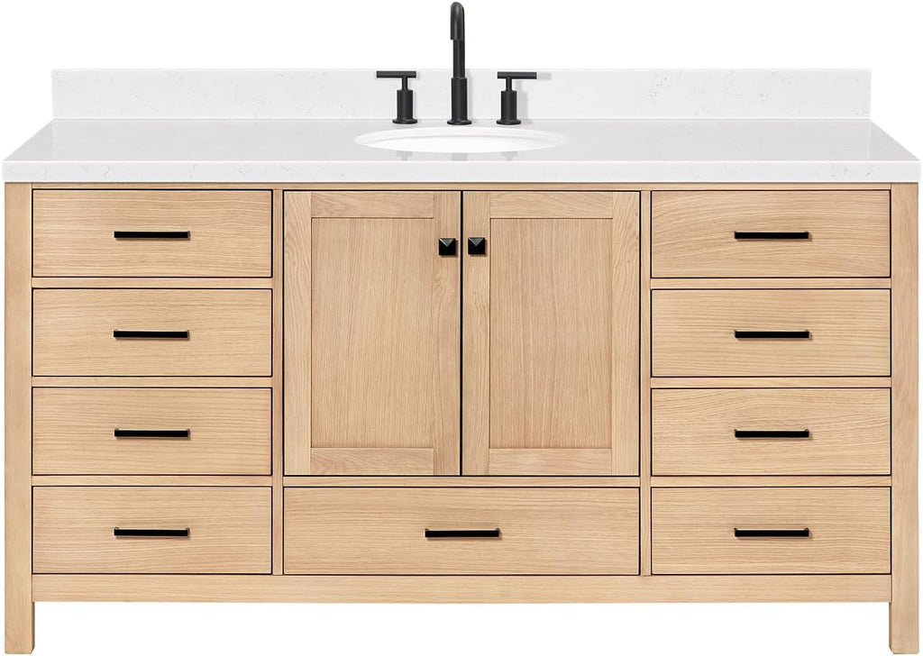 ARIEL Cambridge 66-inch Bathroom Vanity with Sink,Solid Wood, 1.5-inch Carrara White Quartz Countertop & Backsplash, Single Oval Porcelain Sink, 2 Soft Closing Doors, 9 Dovetail Drawers, White Oak