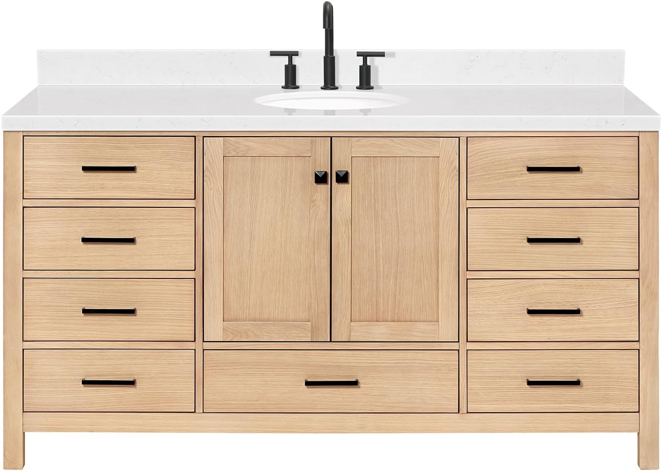 ARIEL Cambridge 66-inch Bathroom Vanity with Sink,Solid Wood, 1.5-inch Carrara White Quartz Countertop & Backsplash, Single Oval Porcelain Sink, 2 Soft Closing Doors, 9 Dovetail Drawers, White Oak