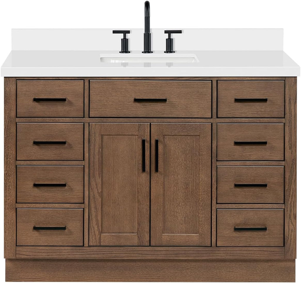 ARIEL Hepburn 48-inch Bathroom Vanity with Sink,Solid Wood, 1.5-inch Pure White Quartz Countertop, Single Rectangular Porcelain Sink, 2 Soft Closing Doors, 9 Dovetail Drawers, Brown Oak