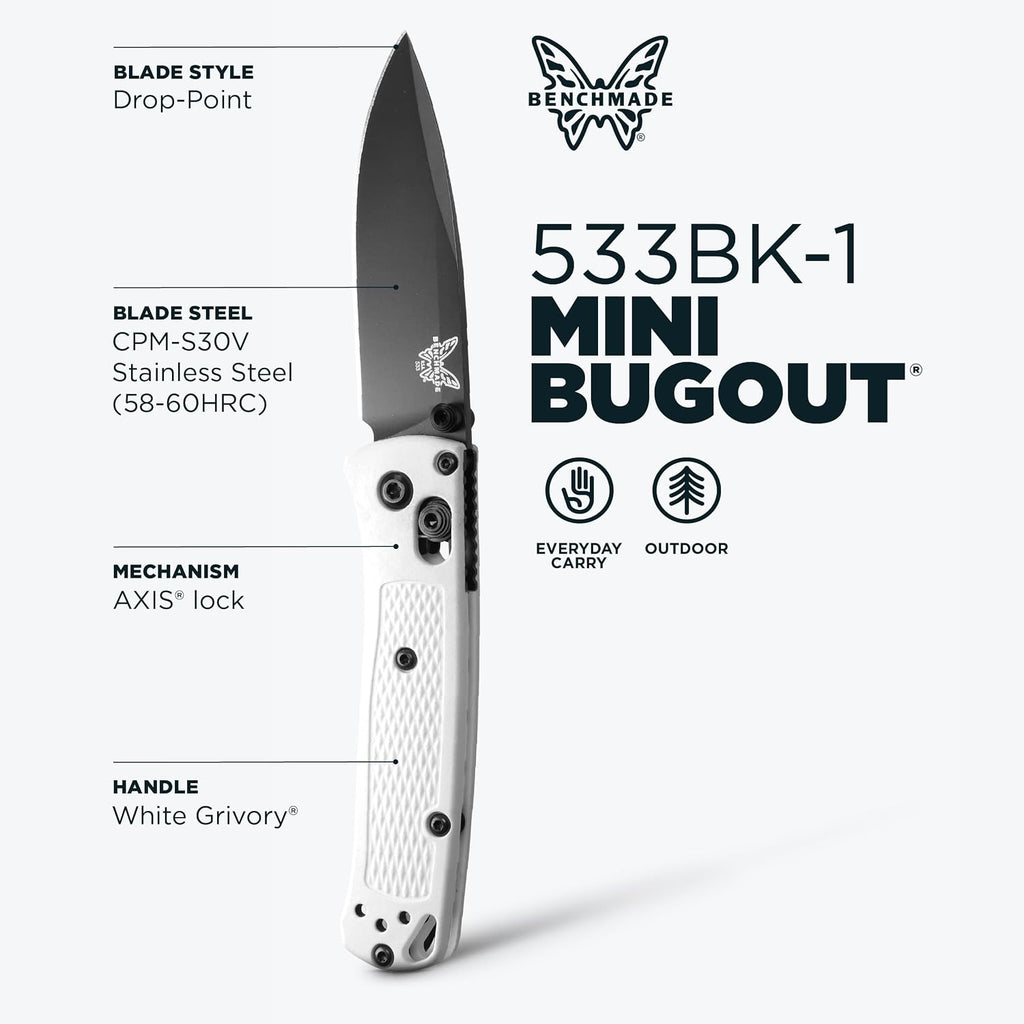 Benchmade - Mini Bugout, Outdoor, EDC Folding Knife, Drop-Point Blade with White Givory Handle (533BK-1)