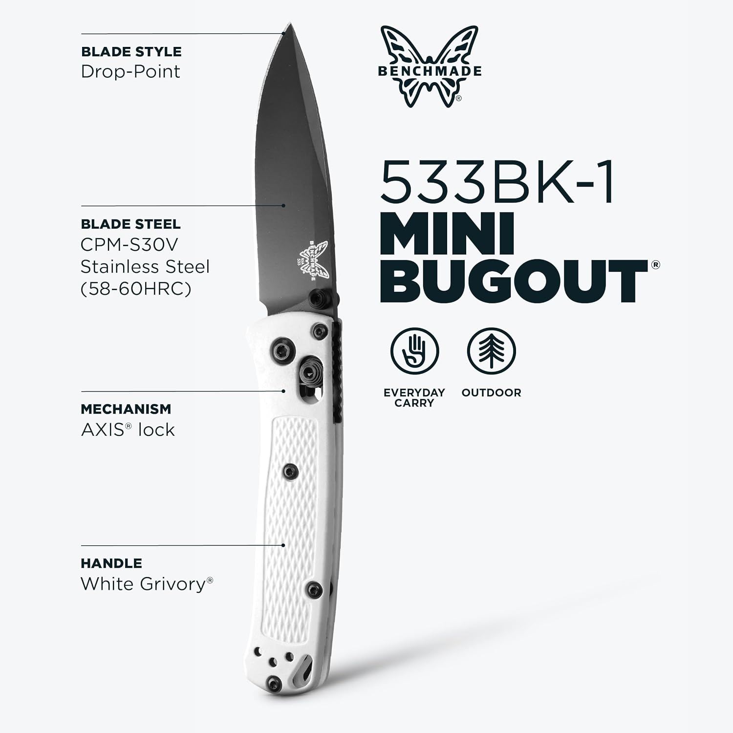 Benchmade - Mini Bugout, Outdoor, EDC Folding Knife, Drop-Point Blade with White Givory Handle (533BK-1)
