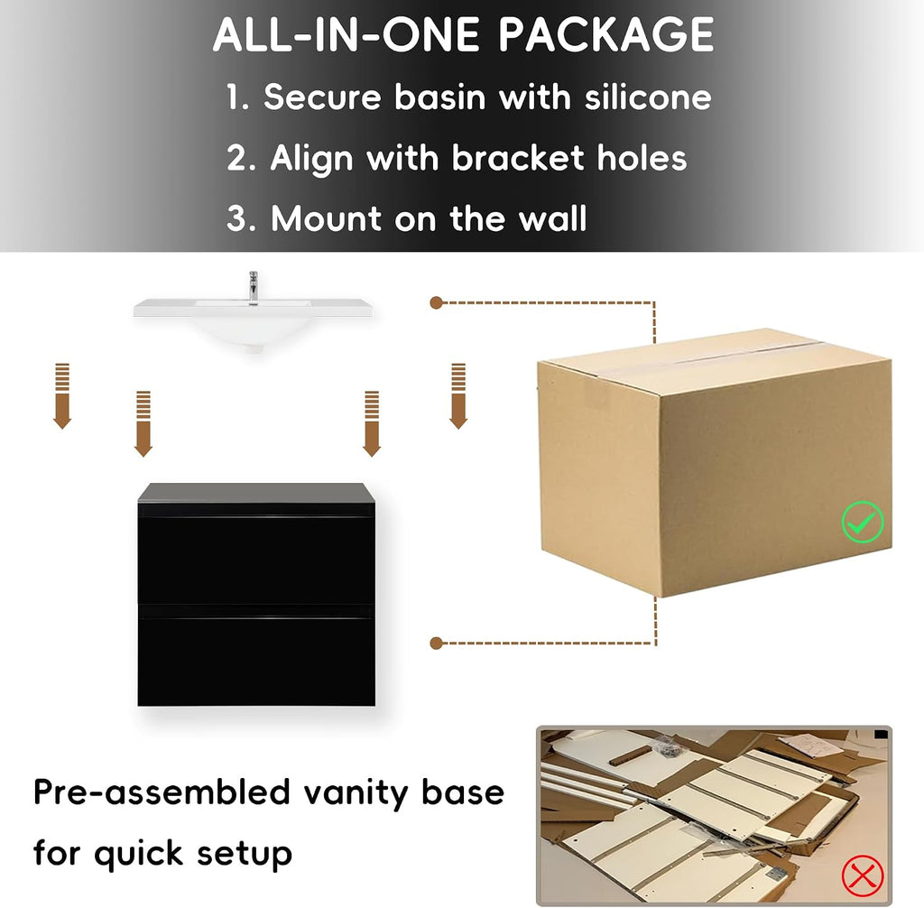 Neftis 24-Inch Floating Vanity with Sink, Pre-Assembled Modern Bathroom Vanity Sink Combo with Storage, Soft-Closing Drawers, One-piece Countertop White Resin Sink, Glossy Black Vanity for Bathroom