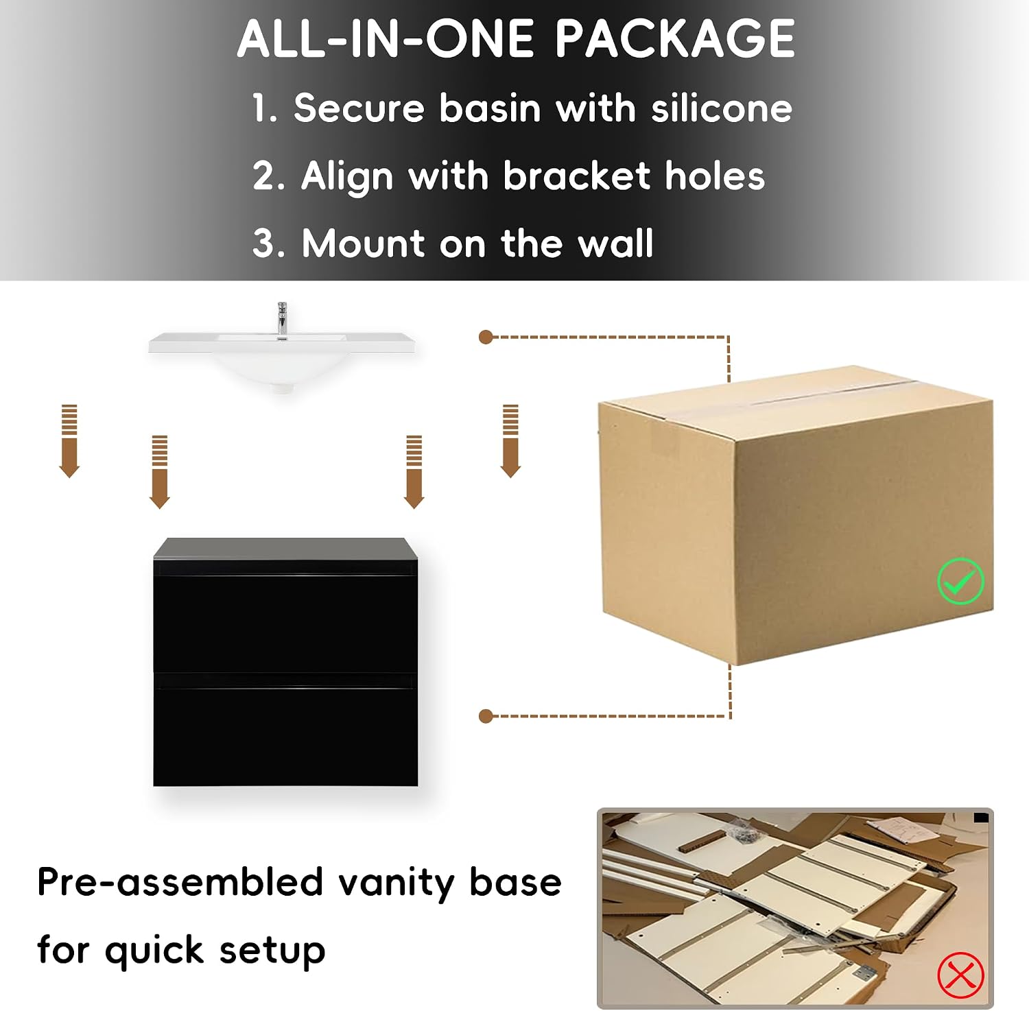 Neftis 24-Inch Floating Vanity with Sink, Pre-Assembled Modern Bathroom Vanity Sink Combo with Storage, Soft-Closing Drawers, One-piece Countertop White Resin Sink, Glossy Black Vanity for Bathroom
