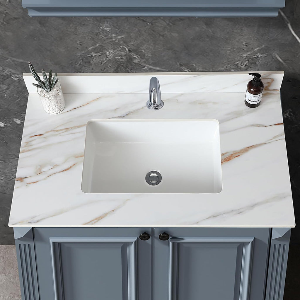 Runboll 31 Inch Marble Vanity Top with Undermount Rectangular Sink, 4' Backsplash, Pre-Drilled Faucet Single Hole, Vanity Top with Sink for Bathroom, Bathroom Remodels (Cabinet NOT Included)