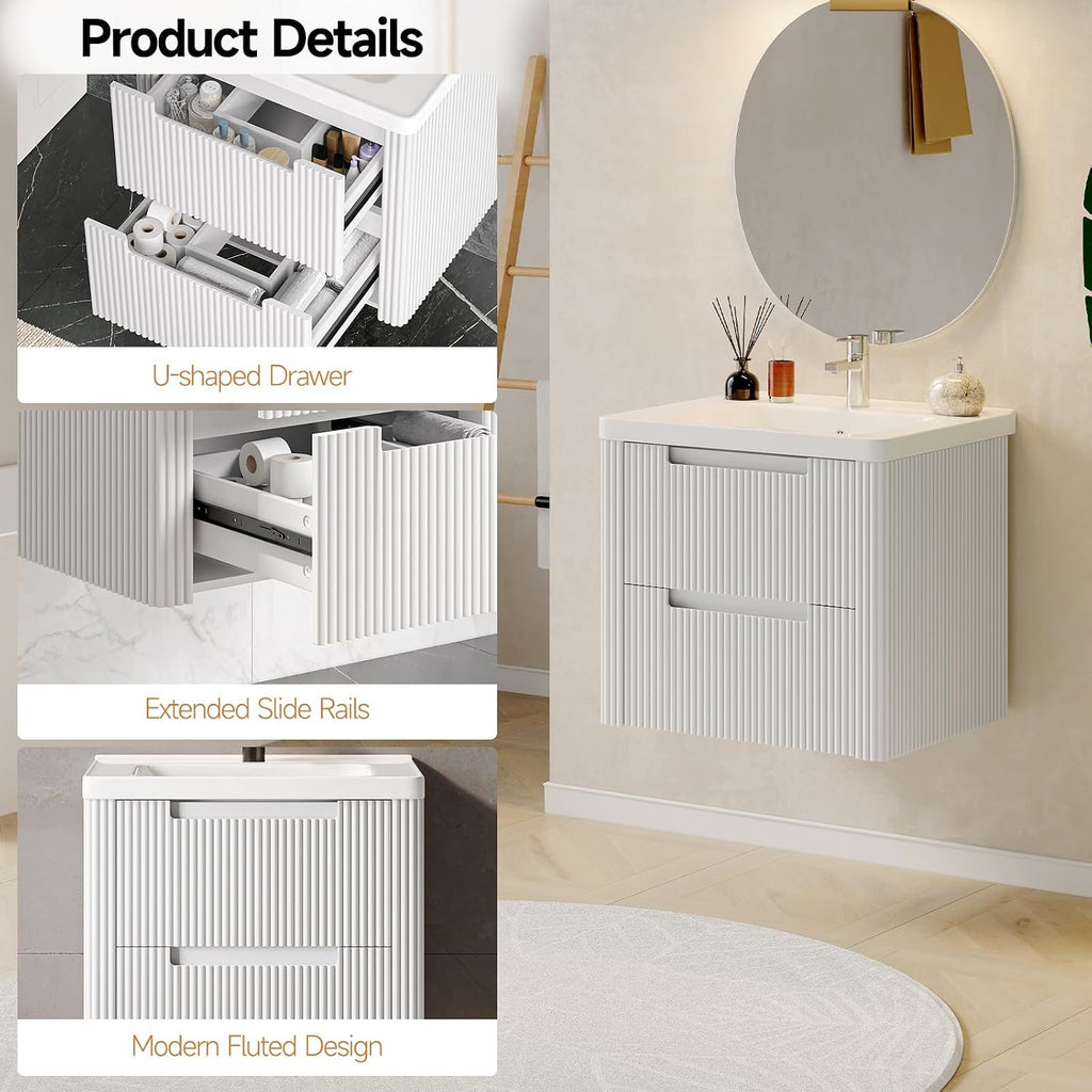 ONBRILL Modern Bathroom Vanity with Sink Combo, Curved Floating Bath Vanity with 2 Drawers, Wall Mount Bathroom Vanities with Integrated Ceramic Sink for Small Space, Apartment (White, 24')