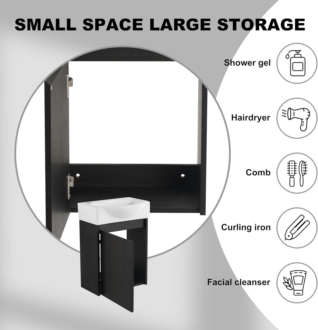 Small Bathroom Vanity with Sink, 16 Inch Bathroom Vanity with Sink, Floating Vanity Bathroom with Soft Closed Door, Integrated Sink, Engineered Wood (Black)