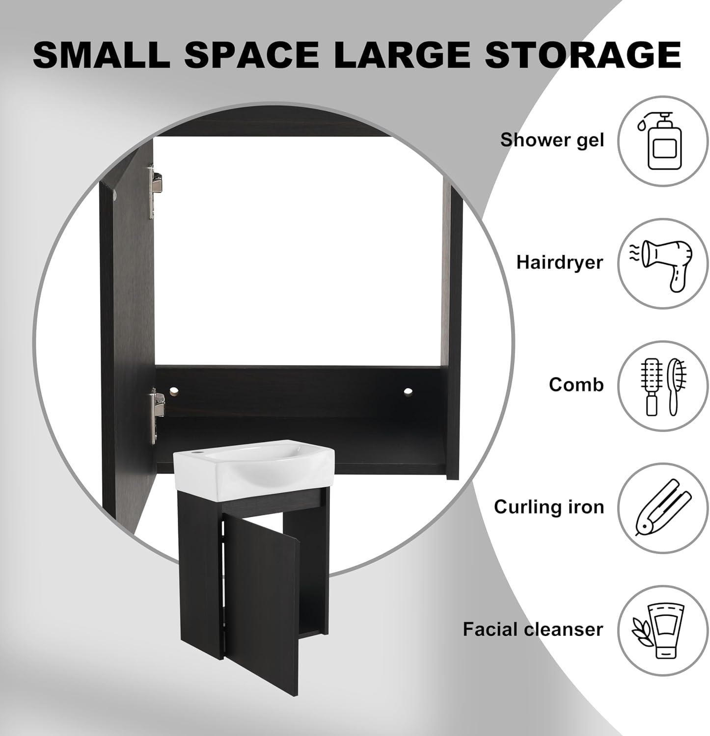 Small Bathroom Vanity with Sink, 16 Inch Bathroom Vanity with Sink, Floating Vanity Bathroom with Soft Closed Door, Integrated Sink, Engineered Wood (Black)