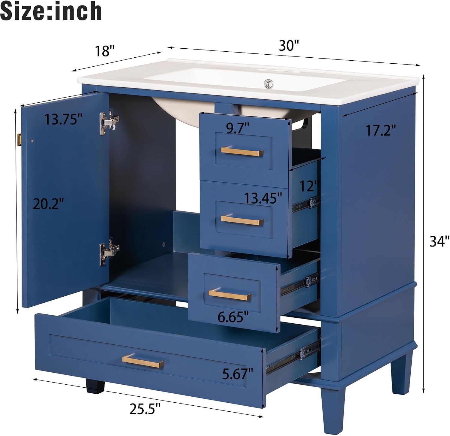 Mirightone 30' Bathroom Vanity with Sink, 30 Inch Bathroom Vanity with Top, 3 Drawers and 1 Soft Closing Door, Modern Bathroom Vanity with Sink 30 Inch for Bathroom (Blue)