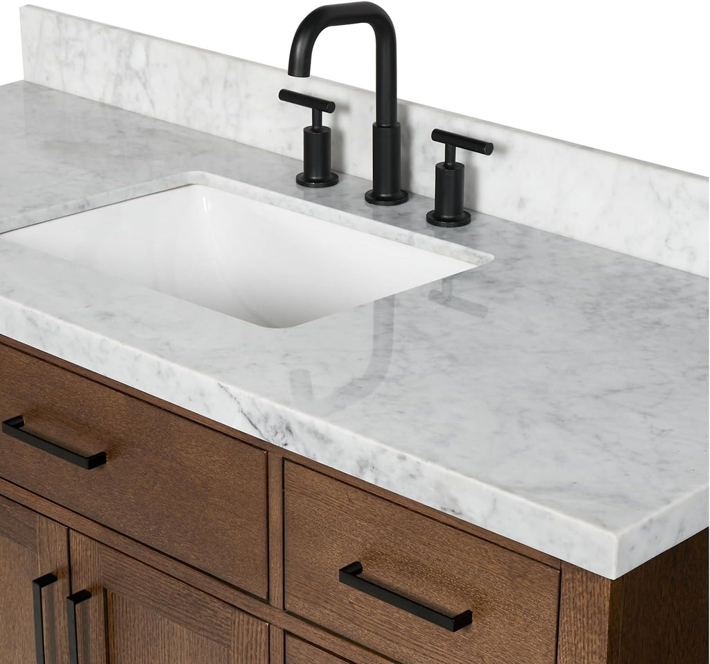 ARIEL Hepburn 60-inch Bathroom Vanity with Sink,Solid Wood, 1.5-inch Italian Carrara Marble Countertop, Single Rectangular Porcelain Sink, 2 Soft Closing Doors, 9 Dovetail Drawers, Brown Oak