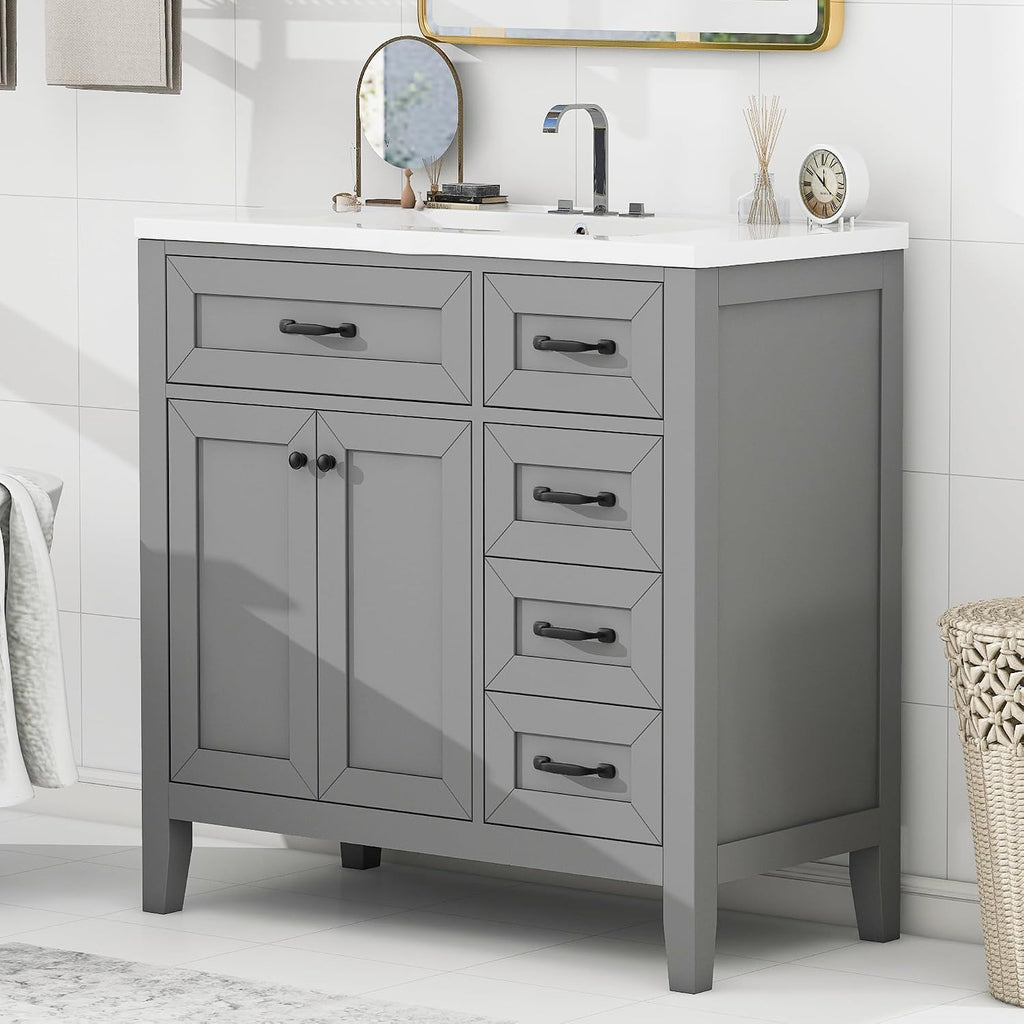 36' Bathroom Vanity with Sink Combo, Bathroom Cabinet with Drawers, Solid Frame and MDF Board,Grey