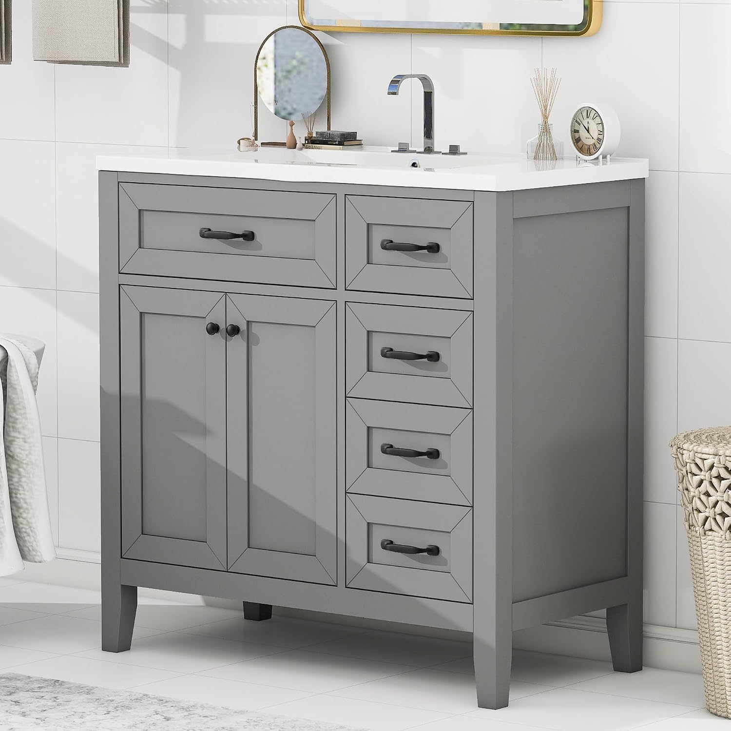 36' Bathroom Vanity with Sink Combo, Bathroom Cabinet with Drawers, Solid Frame and MDF Board,Grey