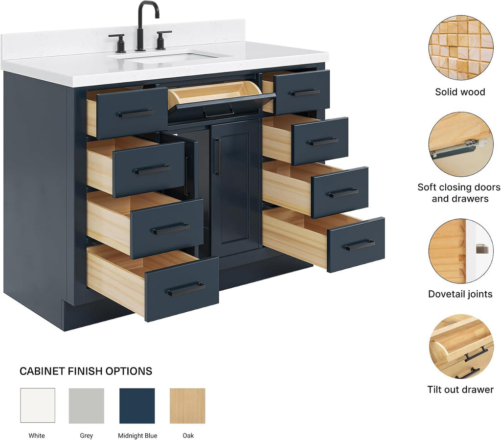 ARIEL Hepburn 48-inch Bathroom Vanity with Sink,Solid Wood, 1.5-inch Carrara White Quartz Countertop, Single Rectangular Porcelain Sink, 2 Soft Closing Doors, 9 Dovetail Drawers, Midnight Blue