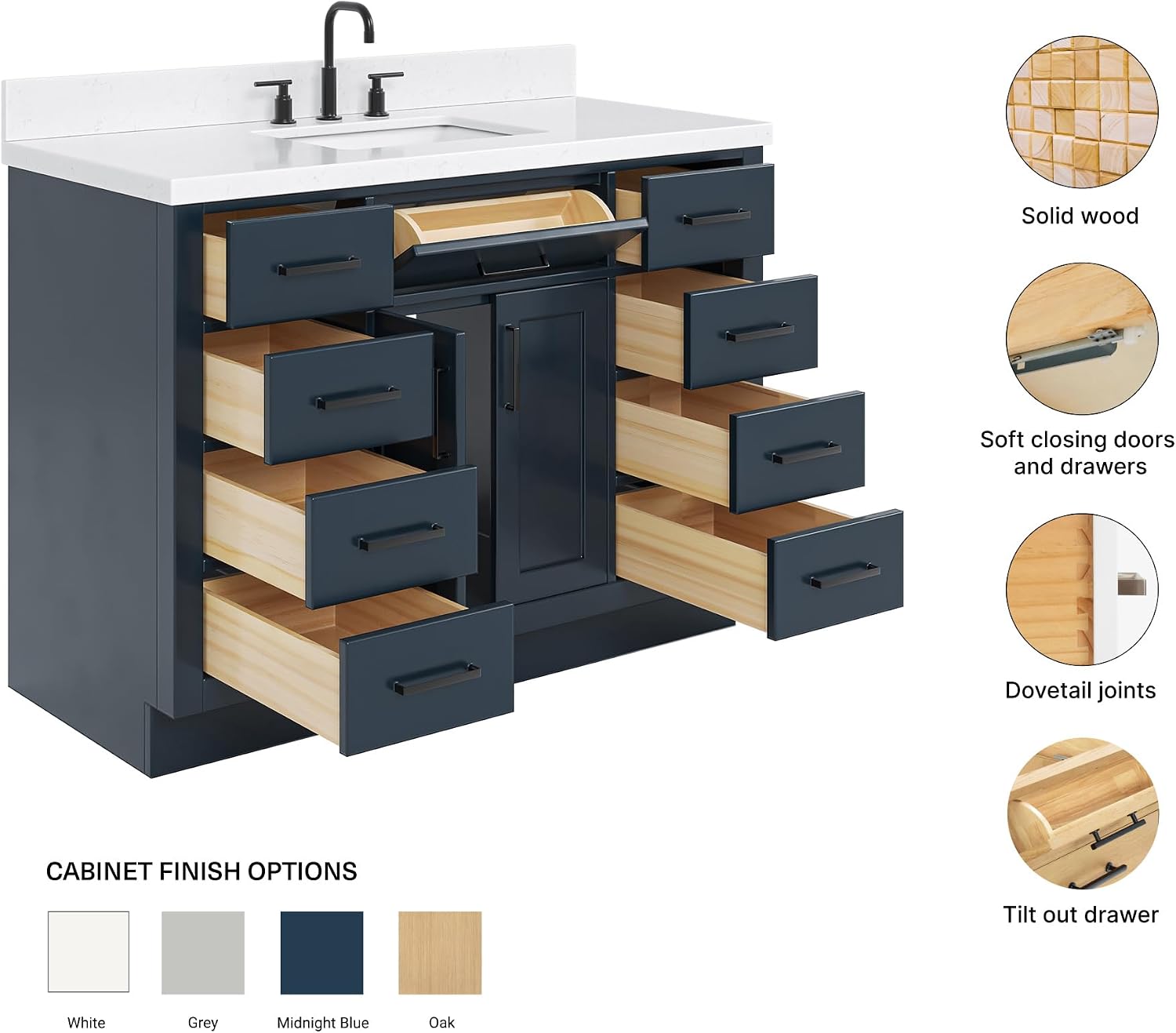 ARIEL Hepburn 48-inch Bathroom Vanity with Sink,Solid Wood, 1.5-inch Carrara White Quartz Countertop, Single Rectangular Porcelain Sink, 2 Soft Closing Doors, 9 Dovetail Drawers, Midnight Blue
