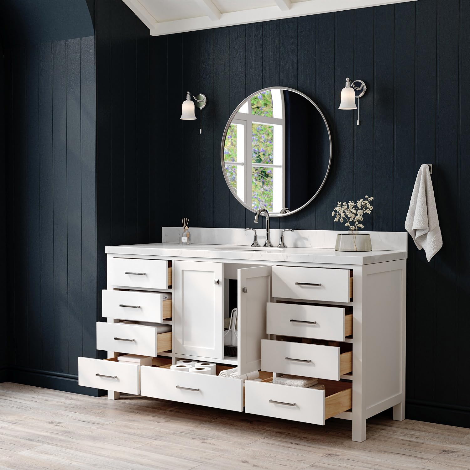 ARIEL Cambridge 66-inch Bathroom Vanity with Sink,Solid Wood, 1.5-inch Carrara White Quartz Countertop & Backsplash, Single Oval Porcelain Sink, 2 Soft Closing Doors, 9 Dovetail Drawers, White