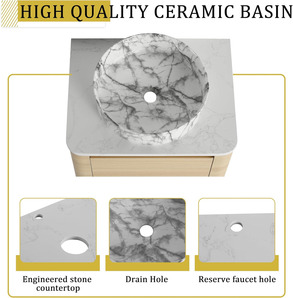 24 Inch Wall-Mounted Bathroom Vanity with Sink Combo Modern Floating Bathroom Vanitites with Round Ceramic Vessel Sink 24' Bathroom Sink Cabinet with Marble Counter Top & Soft Closing Door