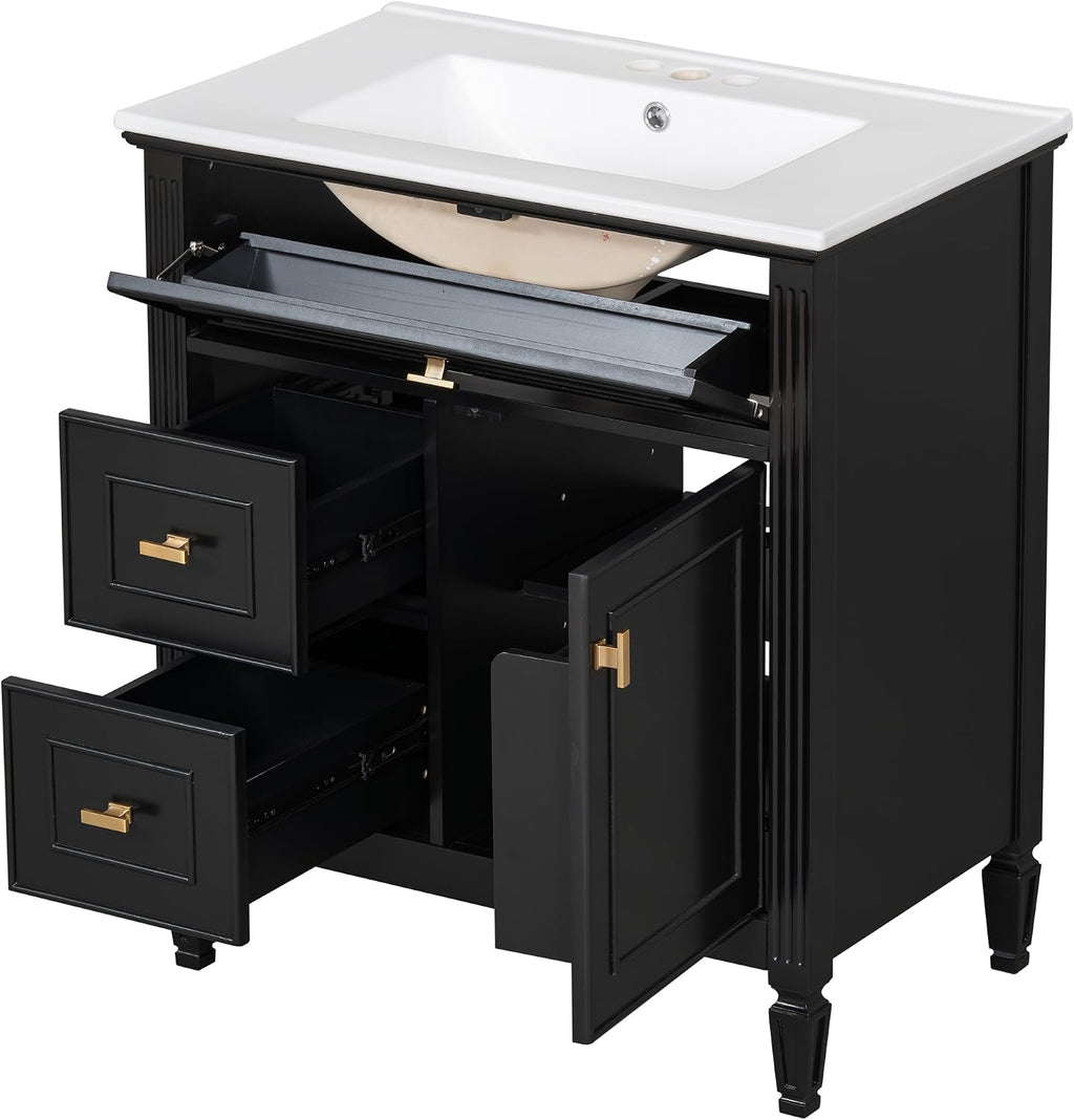 Harper & Bright Designs 30' Bathroom Vanity with Sink, Free Standing Vanity Set with Tip-Out Drawer, 2 Drawers, and Adjustable Shelf, Wood Bathroom Cabinet with Ceramic Basin for Bathroom, Black
